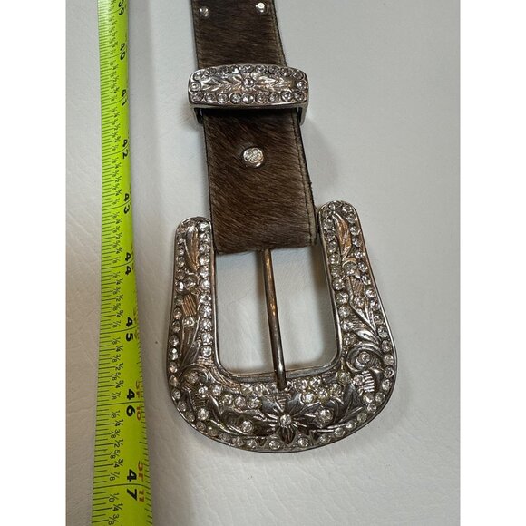 Handcrafted Leather Cowhide Belt Western Style Rhinestones Floral Buckle Design main image 5